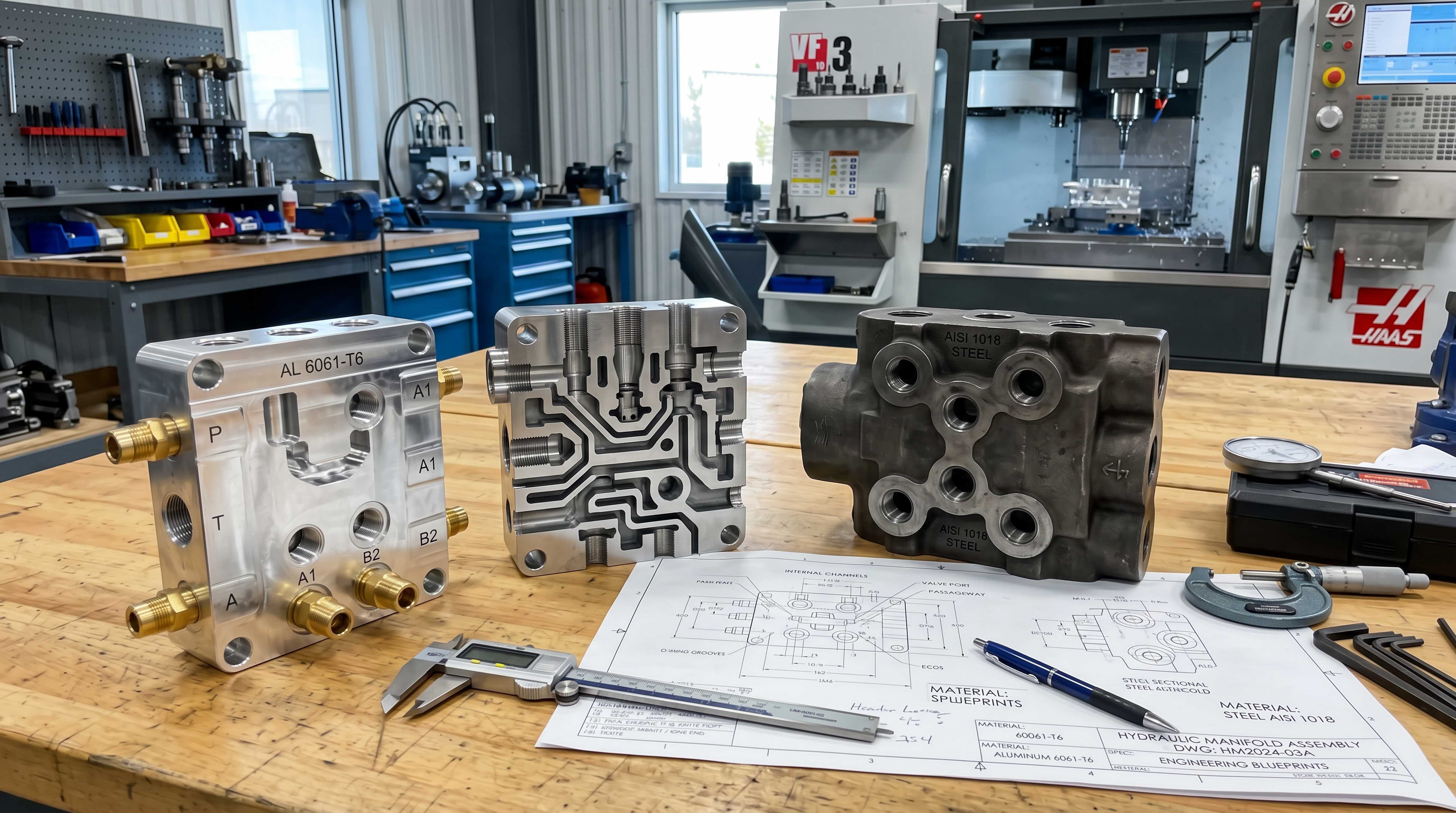 Aluminum and steel hydraulic manifold blocks compared with internal channels, machined ports, engineering drawings and inspection tools